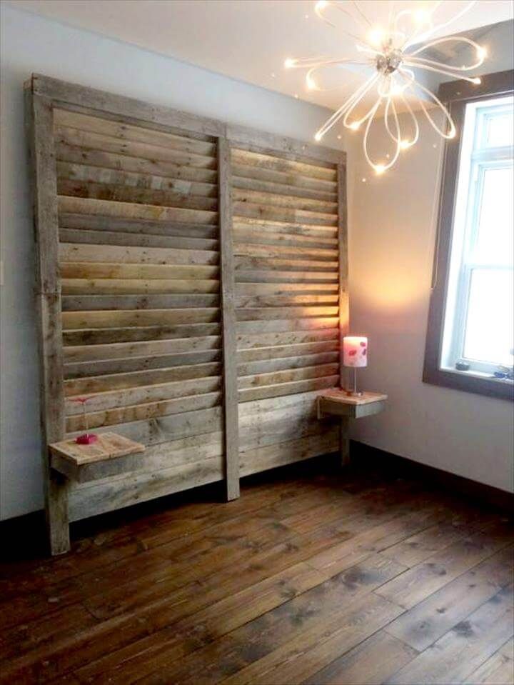 wooden pallet headboard wall with installed nightstands