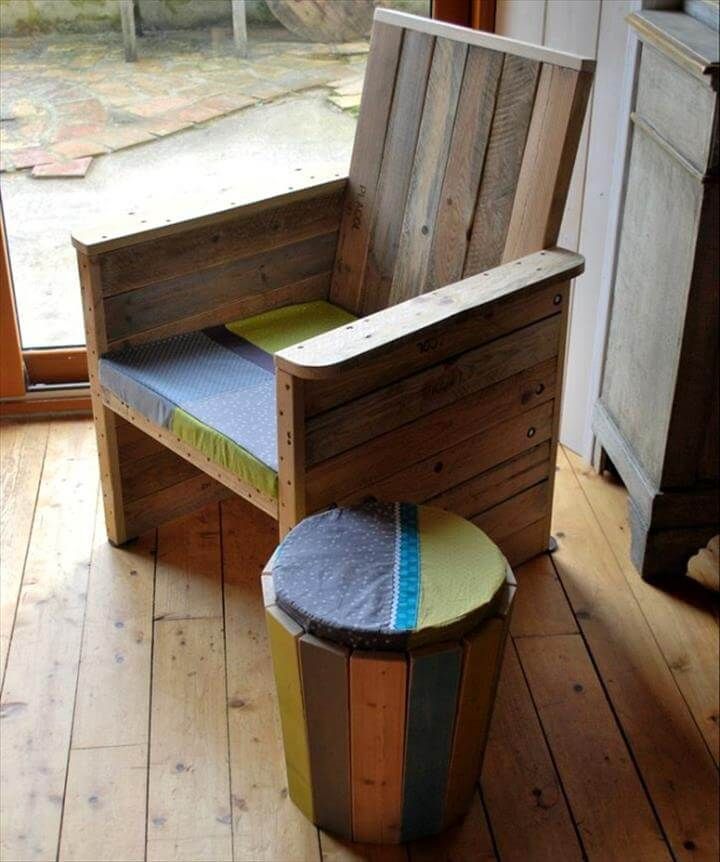 wooden pallet chair and round ottoman or side table