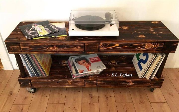 self-made pallet media console on wheels
