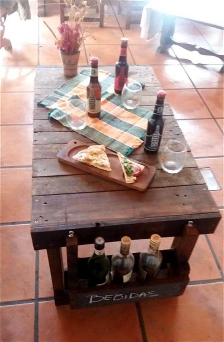 pallet party table with beverage bottle rack