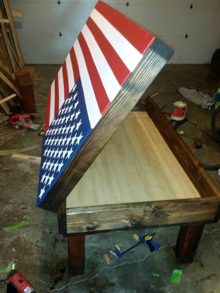 wooden pallet coffee table with flag top