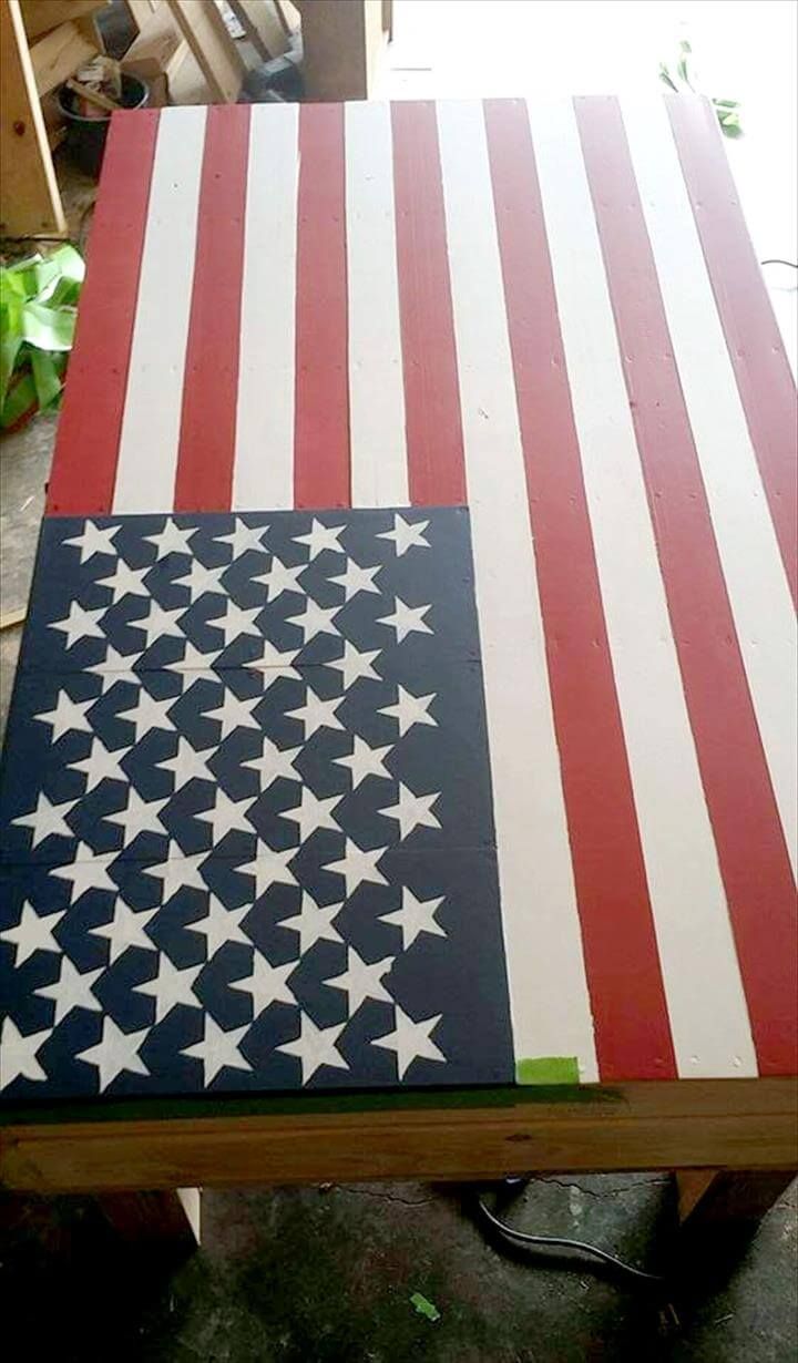 Wooden pallet coffee table with flag top