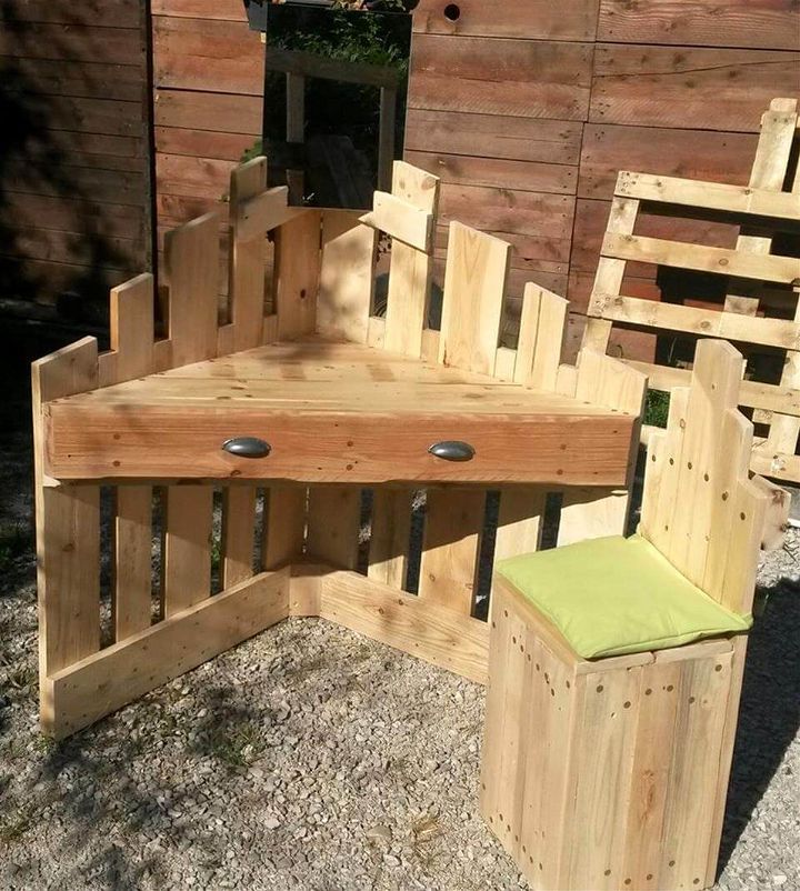 robust wooden pallet corner desk and chair set