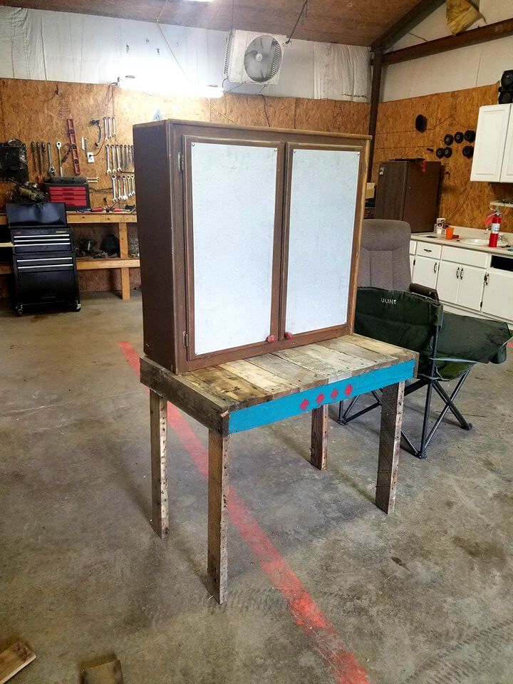 pallet table with storage cabinet on top