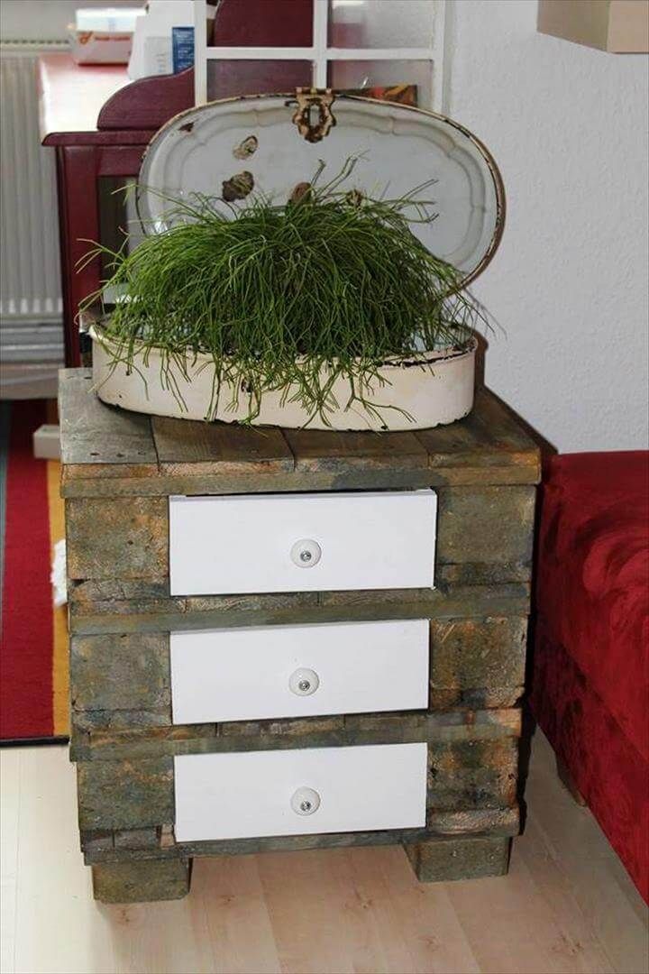 wooden pallet nightstand with 3 built in drawers