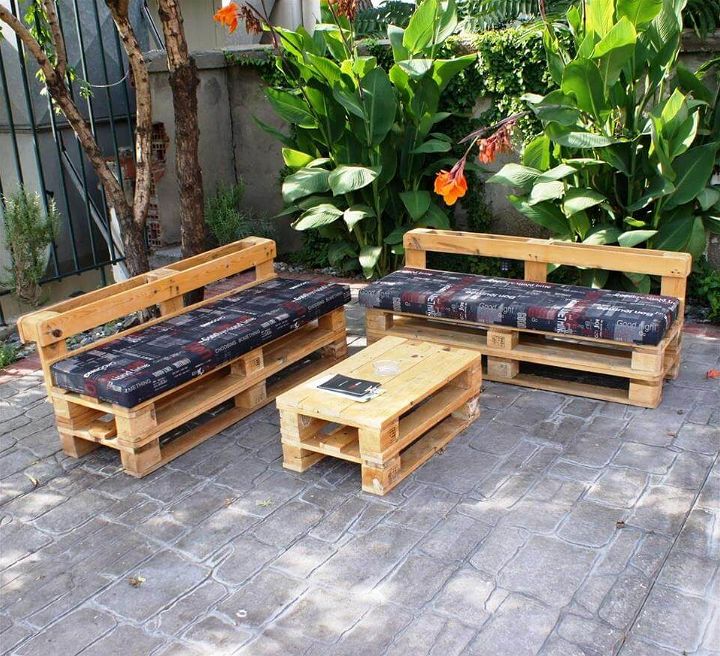upcycled cushioned seats and coffee table
