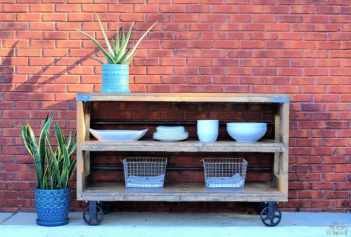 Rolling Wood & Steel Console Table